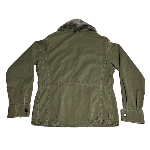 BCBG Military Green Collared Afghan Jacket Women’s XS Faux Fur Trim - Picture 3 of 13